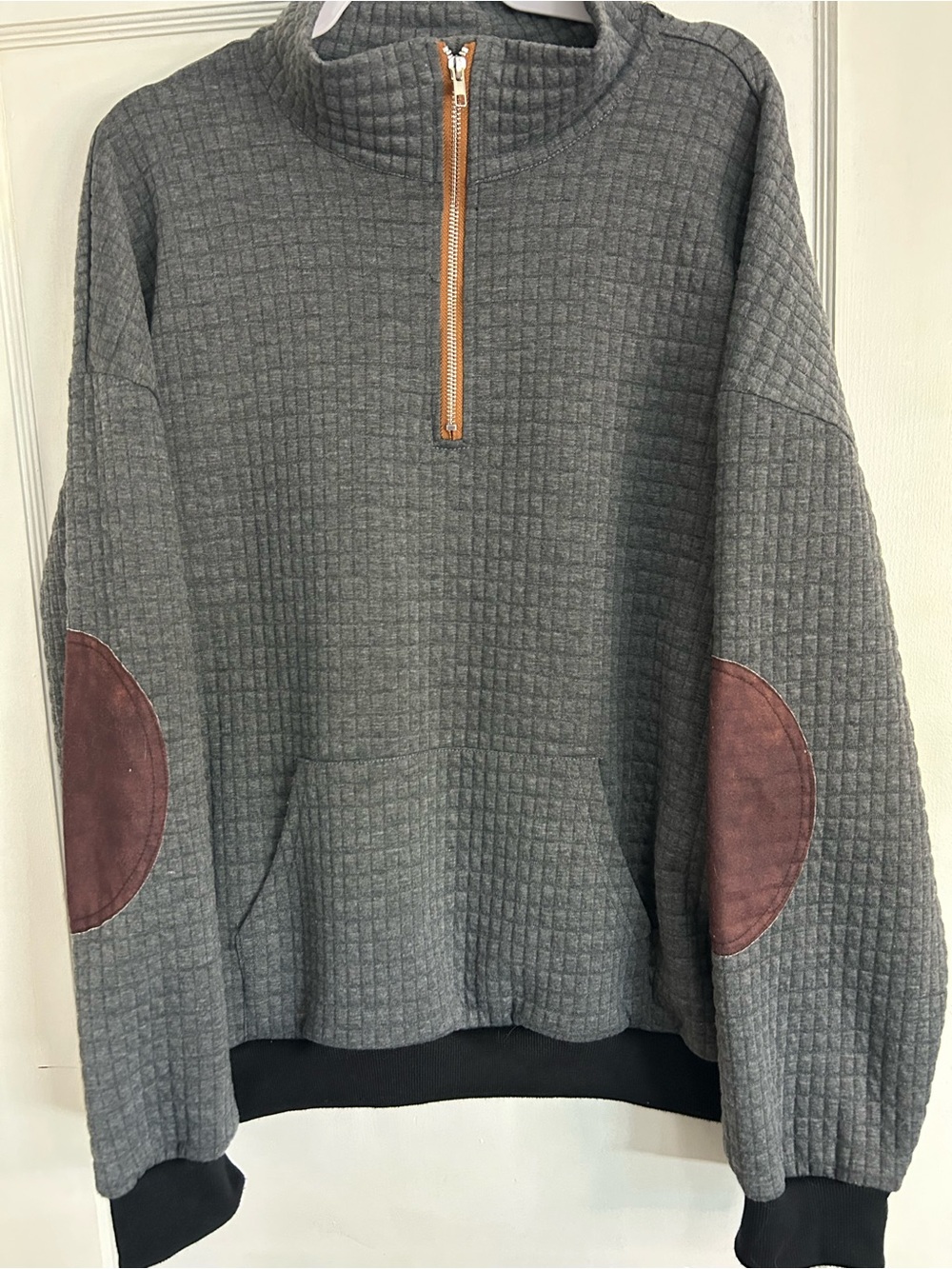 Men's Gray Quarter-Zip Sweater with Brown Elbow Patches